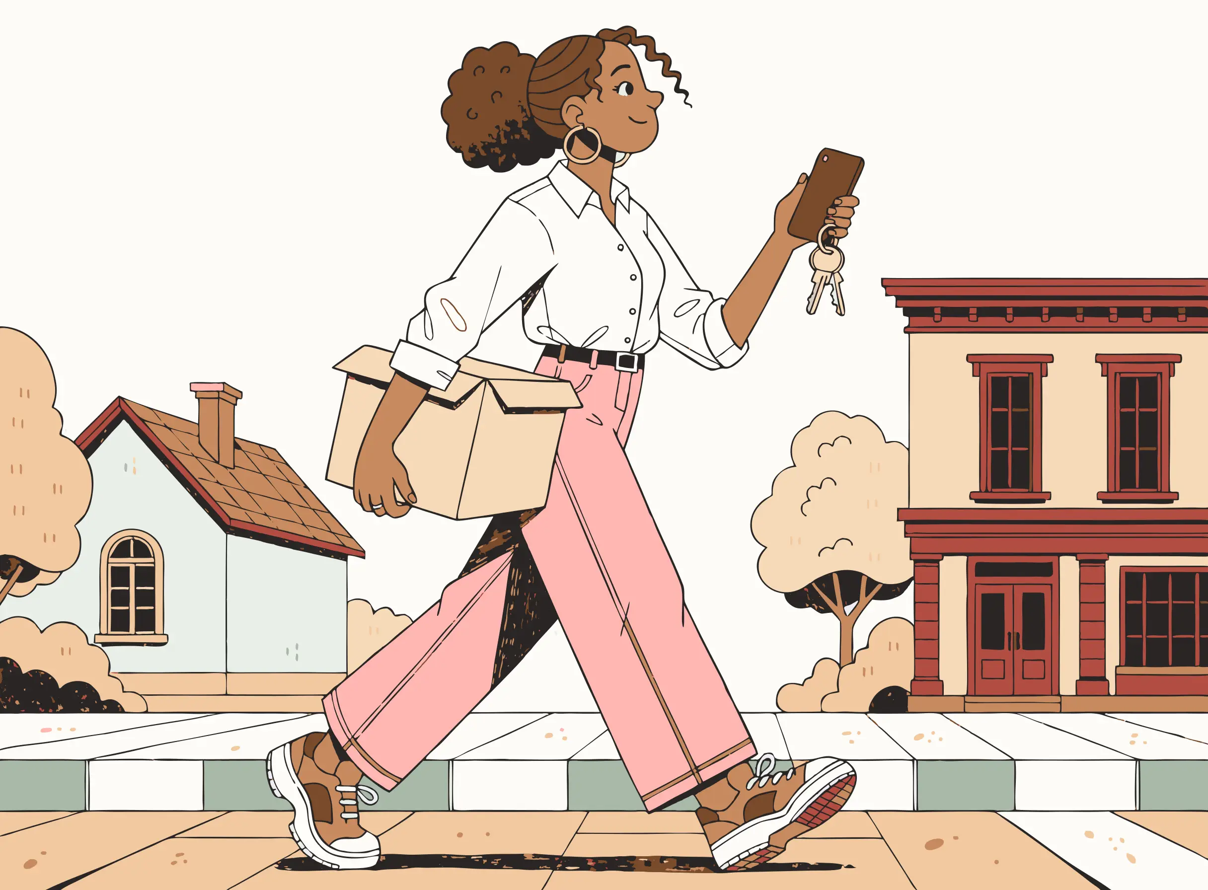 Illustration: eine Person erledigt die ersten Alltags-Wege wie Wohnung, Bank und Handy.